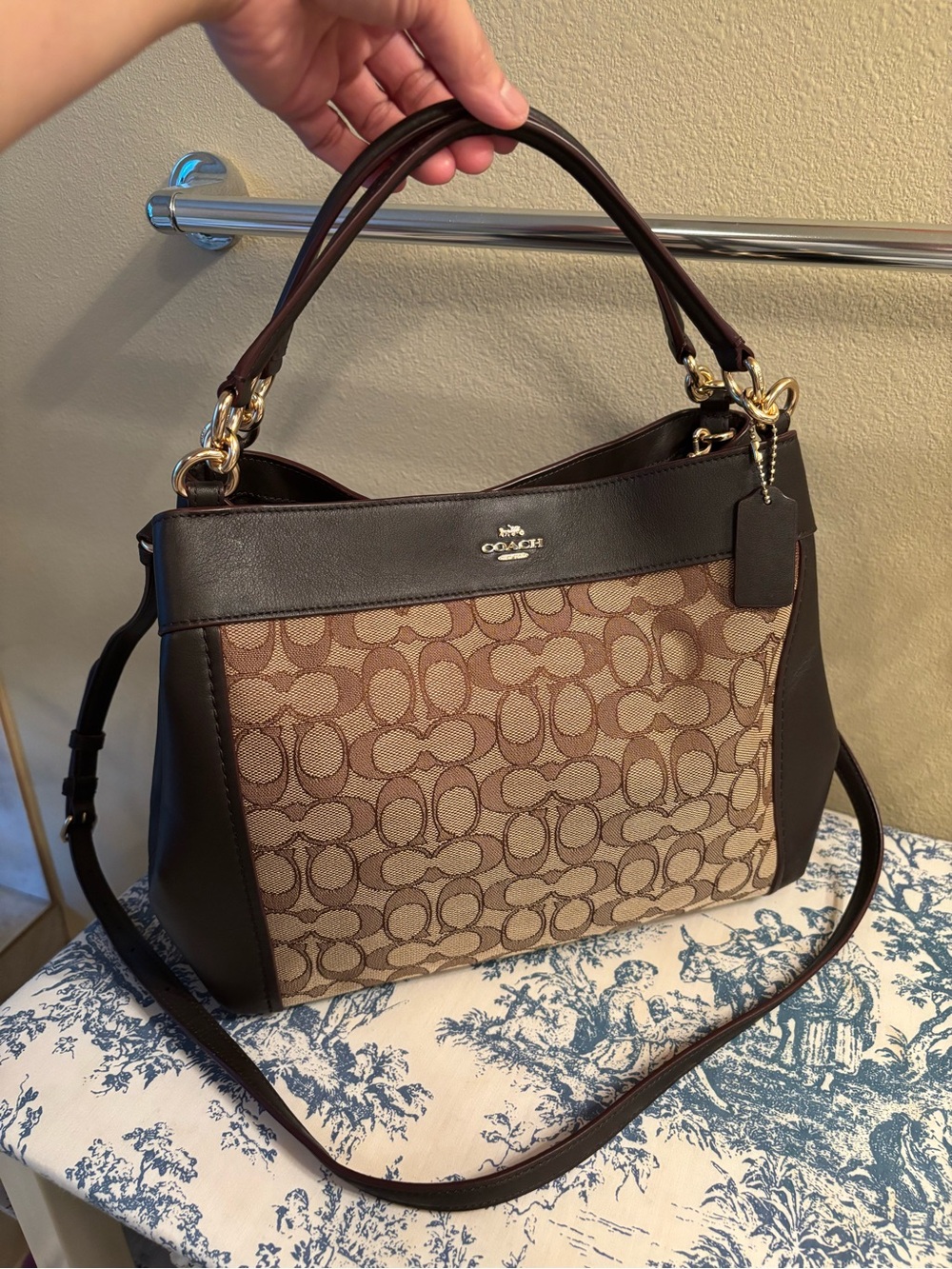 Coach Brown Signature Canvas Shoulder Bag with Dark Brown Leather Trim